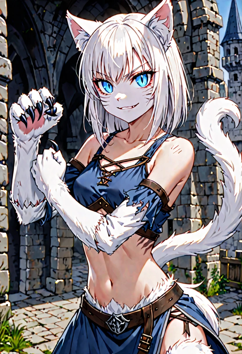 female, short white hair, straight hair, blue eyes, short, white furry forearms, furry claws, white cat ears, white cat tail, slit pupils, small breasts, short, warrior stance, skimpy clothes, medieval, athletic, bare midriff, eager smile, close up, tattered clothes