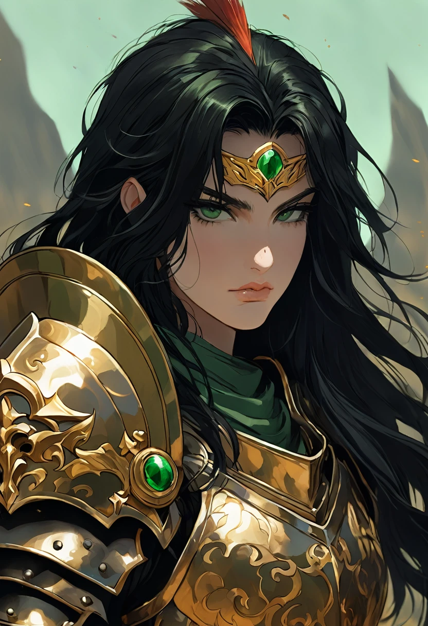 A warrior with burnt gold armor, with dark green eyes and black hair, looking at the origin