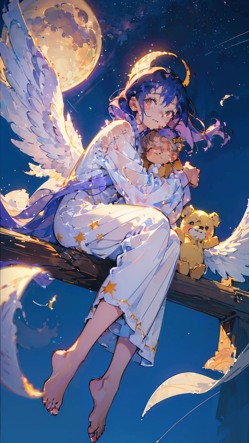 (woman\(A crescent moon-like angel sits on my head.。, Angel Girl,Purple Hair,Yellow Eyes, White skin, I'm wearing pastel colored pajamas,The girl is yawning loudly and sleepily.,While floating in the air,hugging a teddy bear,barefoot,\) Beautiful night sky、Sleepily floating in the air, (I&#39;m in the beautiful outdoors, A beautiful star is shining,He seemed to be very sleepy., mysterious, (There is a pillow floating in the background),quality\(8K,非常に精細なCGユニットのwallpaper, masterpiece,High resolution,top-quality,top-quality real texture skin,Surreal,Increase the resolution,RAW Photos,最高quality,Very detailed,wallpaper,Cinema Lighting,Ray-tracing,Golden Ratio\),Long Shot,Overall, it looks ephemeral.,The depiction range is from the waist up,qualityの高い顔の描写,High-resolution facial depiction,ephemeral,Low saturation,***********,1 person,Short Child