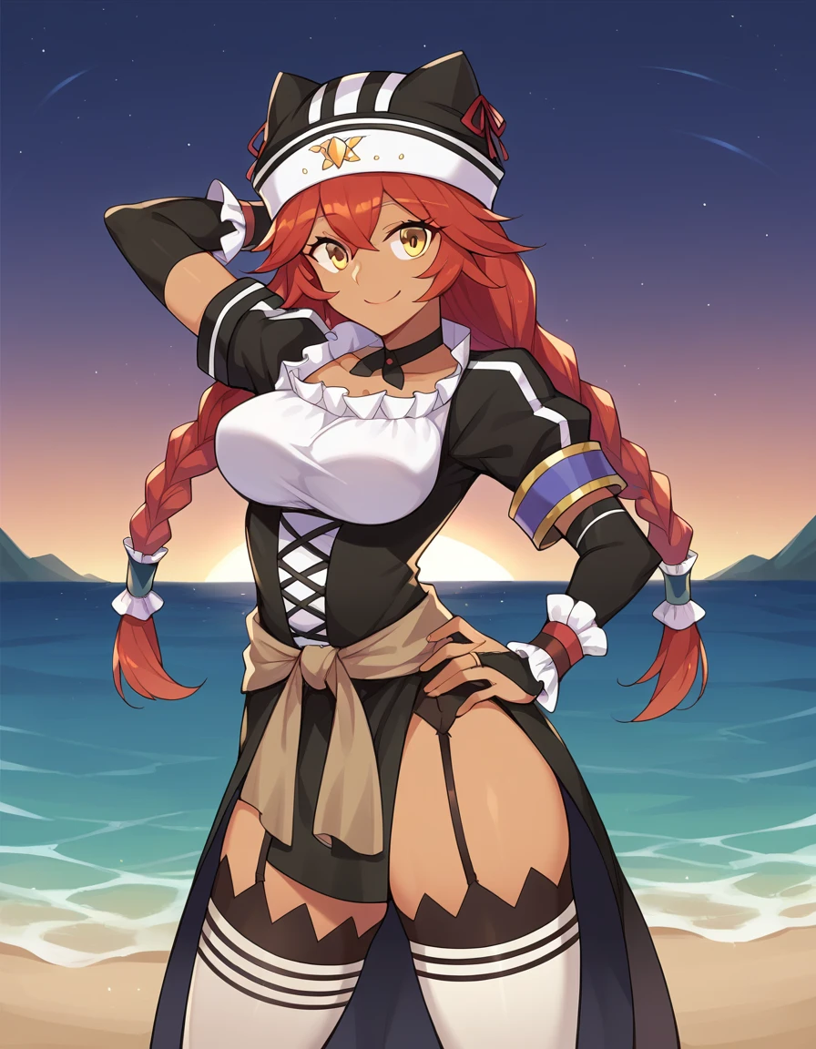 score_9, score_8_up, score_7_up, BREAK, 1girl, solo, breasts, lupusregina beta, dark skin, twin braids, hat, frills, black dress, short sleeves, bridal gauntlets, white thighhighs, garter straps, choker,  high quality, solo, 1girl, night sky, beach, arm behind head, hand on hip,  (contrapposto), closed mouth, spread armpits, (cowboy shot:1.5), looking at viewer, smile, best quality,