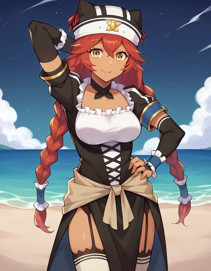 score_9, score_8_up, score_7_up, BREAK, 1girl, solo, breasts, lupusregina beta, dark skin, twin braids, hat, frills, black dress, short sleeves, bridal gauntlets, white thighhighs, garter straps, choker,  high quality, solo, 1girl, night sky, beach, arm behind head, hand on hip,  (contrapposto), closed mouth, spread armpits, (cowboy shot:1.5), looking at viewer, smile, best quality,