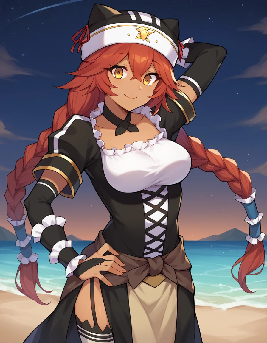 score_9, score_8_up, score_7_up, BREAK, 1girl, solo, breasts, lupusregina beta, dark skin, twin braids, hat, frills, black dress, short sleeves, bridal gauntlets, white thighhighs, garter straps, choker,  high quality, solo, 1girl, night sky, beach, arm behind head, hand on hip,  (contrapposto), closed mouth, spread armpits, (cowboy shot:1.5), looking at viewer, smile, best quality,