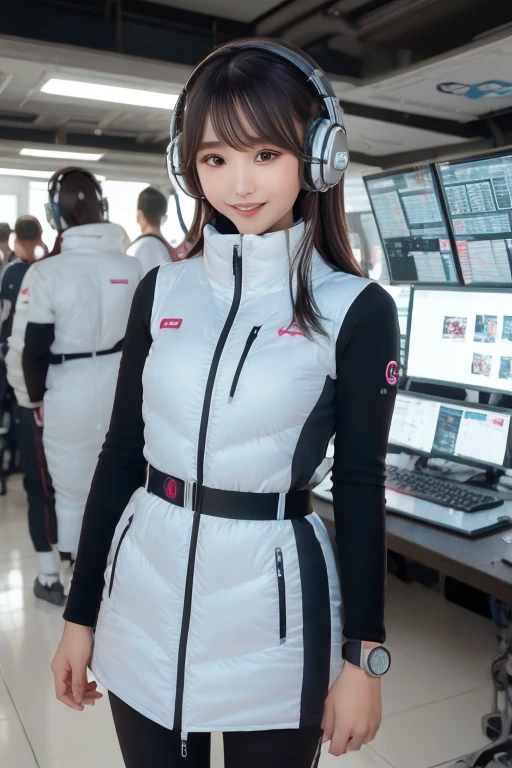 masterpiece, Highest quality, Very detailed, 8K Portrait,Japanese Android Girl,plump , Control panel,Robotic arms and legs, Blunt bangs,,break (Metallic Gray, Metallic luster, Mirror finish, Astro Best):5,headphone:5,break (Black sleeves):100,Smart Watches,Futuristic space station,Control Room,break headphone,blue eyes,(Black Hair):2,(Long Hair):1.3,Displaying the viewer,(respirator),break blush:3,Hidden Hand,smile