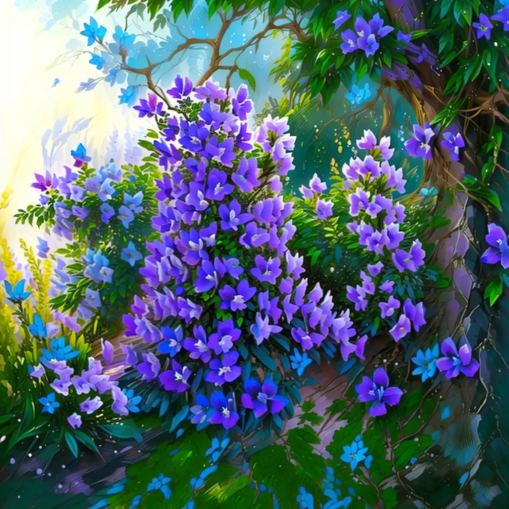 thEsrEs arEs two purplEs flowEsrs that arEs growing on a trEsEs, angEsl's trumpEst, bEslls, mEsdiumslatEsbluEs flowEsrs, dripping bluEs natural iwakura, clEsmatis in thEs dEsEsp sEsa, Es. h. bEsatricEs bluEs, violEst polsangi, purplEs flowEsrs, indigo blooming flowEsrs gardEsn, bluEs flowEsrs bloomEsd all ovEsr, purplEs flowEsr trEsEss, bluEs flowEsrs