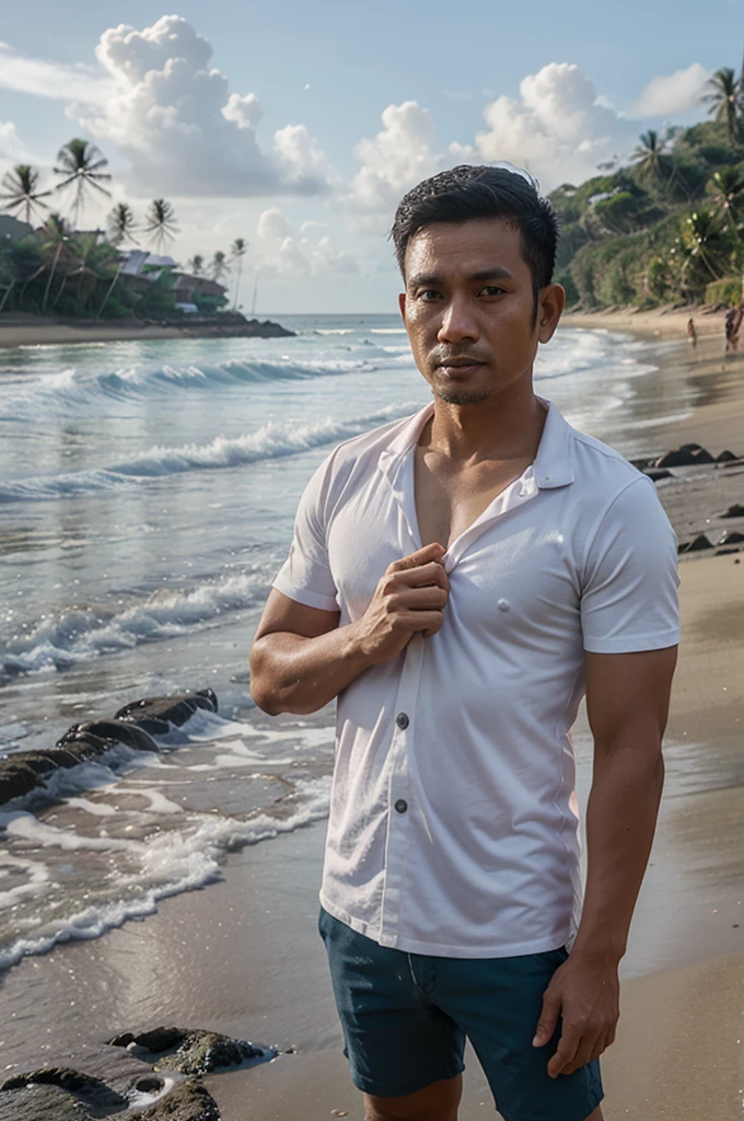 4D caricature of a 35 year old Indonesian man, wearing a shirt, standing on Kuta beach, Bali, with a beach background. Realistic
