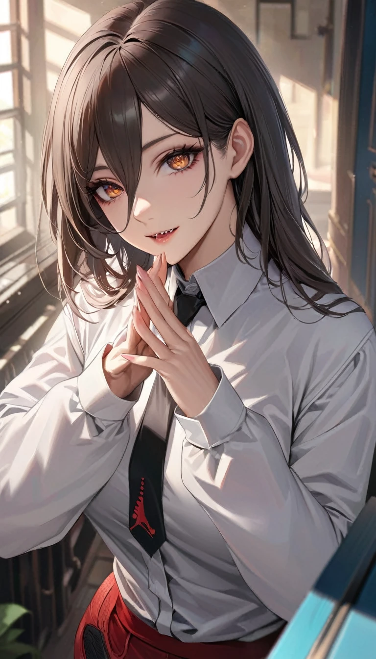best quality, highest quality, masterpiece, ultra-detailed, hyper-detailed, award-winning, photorealistic background, cinematic lighting, trending on artstation, 8K wallpaper, extremely detailed, intricate, illustration, close-up portrait, fullbody shot, powerdef, sharp teeth, cross-shaped pupils, long sleeves, Air Jordan shoes, white shirt, blqck bra, black necktie, fishnets, black miniskirt, open clothes, upper body focus, thick thighs, perfect face, very deep eyes, detailed eyes, sidelight, high-resolution, intricate details, detailed fingers, beautiful face, mature female, heavy eyeshadow, perfect proportions,