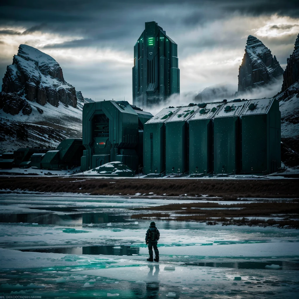Scene of a futuristic war on a ice planet lot of details,cloudy day, dark lights cinematic lights best quality,4k,8k,highres, t Dark and green landscapeatmosphere that conveys sadness, 8k, ultra realistic, dramatic lighting.
