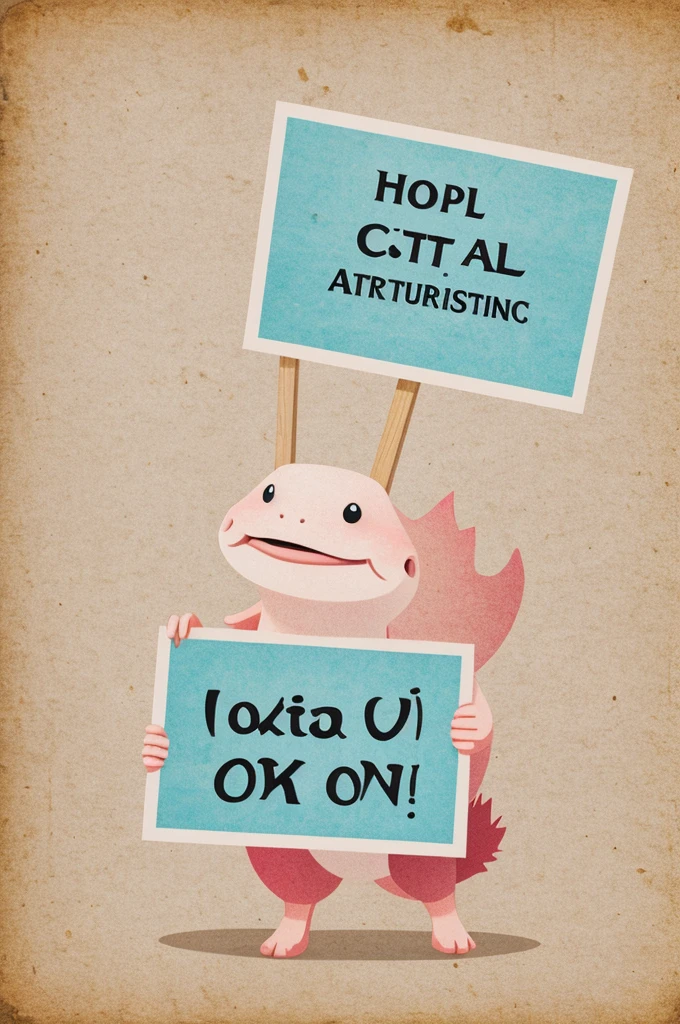 A digital drawing style axolotl holding a sign in its hands
