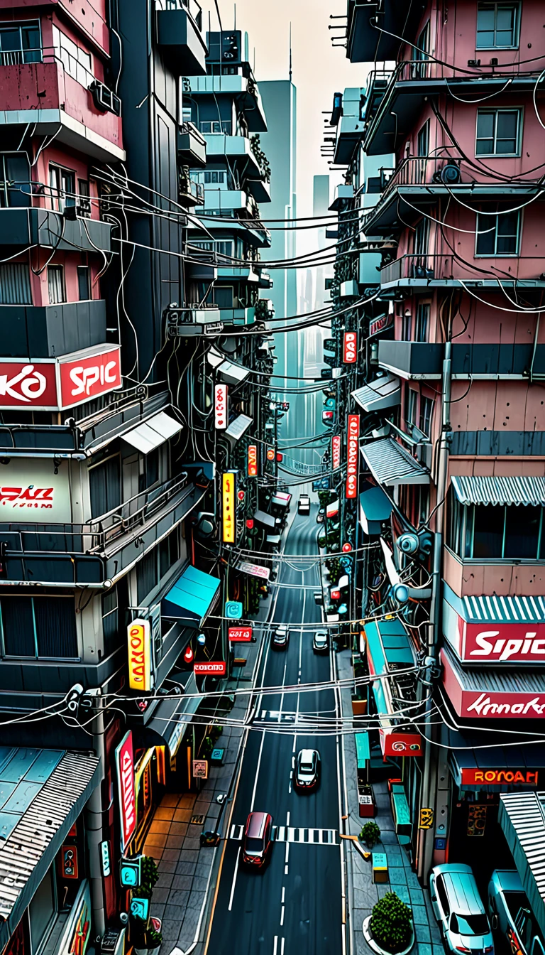 Cyberpunk city seen from 20 meters above,  empty street, natta, old store, irregular, circuit boards, wires, intricate, super detailled, realisitic, hyper realisitic, high qualiy, better, super detaill , crazy detail, very detailled, photorealisitic, epic composition, better quality, 32K --v 6