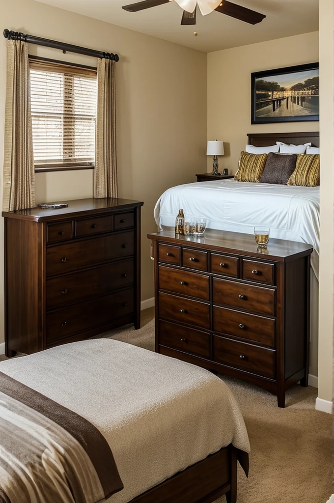 Spacious bedroom decorated in bartender style.