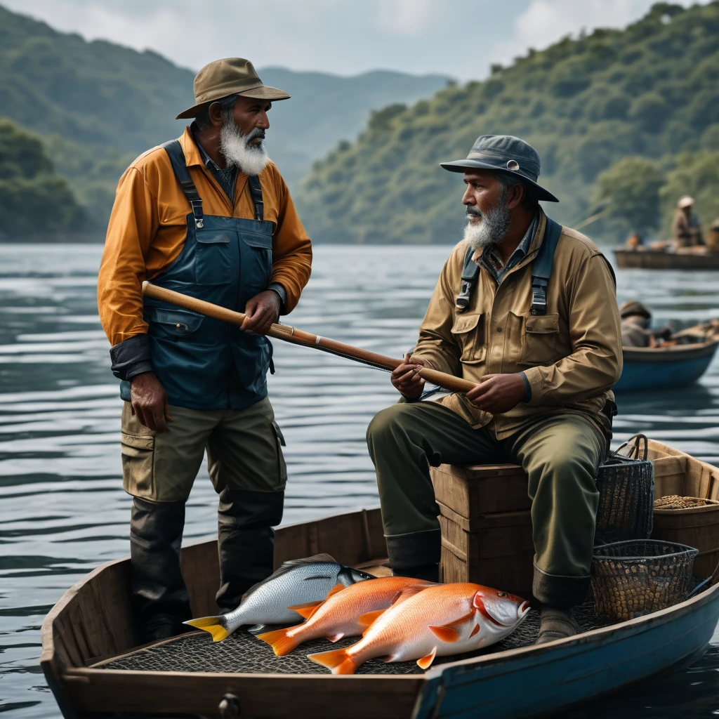 . A discussion between two fishermen about the fish harvest High quality photo realistic .8k,, detailed, realistic, 8k uhd, high qual