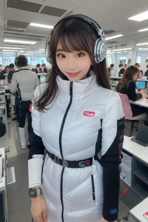 masterpiece, Highest quality, Very detailed, 8K Portrait,Japanese Android Girl,plump , Control panel,Robotic arms and legs, Blunt bangs,,break (Metallic Gray, Metallic luster, Mirror finish, Astro Best):5,headphone:5,break (Black sleeves):100,Smart Watches,Futuristic space station,Control Room,break headphone,blue eyes,(Black Hair):2,(Long Hair):1.3,Displaying the viewer,(respirator),break blush:3,Hidden Hand,smile