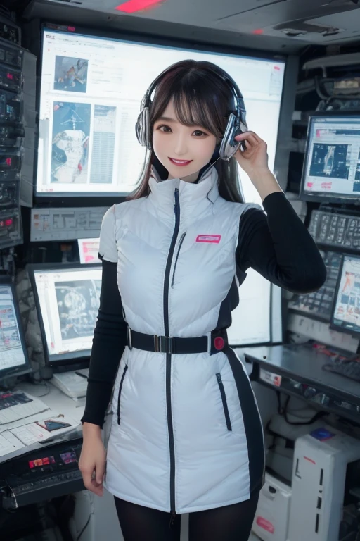 masterpiece, Highest quality, Very detailed, 8K Portrait,Japanese Android Girl,plump , Control panel,Robotic arms and legs, Blunt bangs,,break (Metallic Gray, Metallic luster, Mirror finish, Astro Best):5,headphone:5,break (Black sleeves):100,Smart Watches,Futuristic space station,Control Room,break headphone,blue eyes,(Black Hair):2,(Long Hair):1.3,Displaying the viewer,(respirator),break blush:3,Hidden Hand,smile