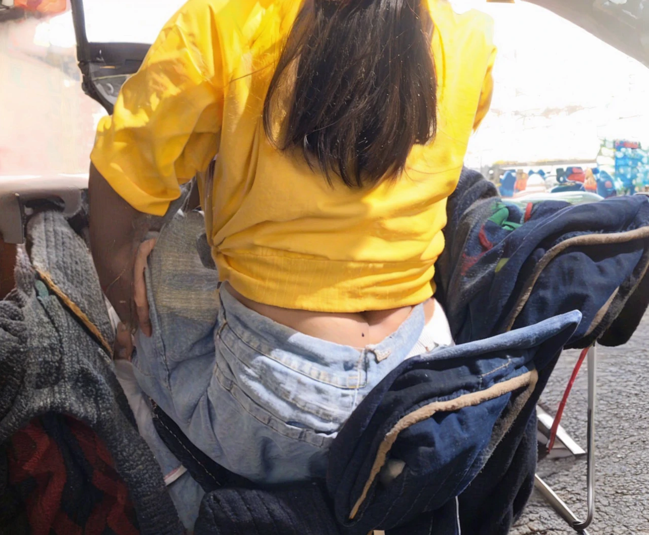 Cute tan Chinese girl wearing glasses, tight jeans,