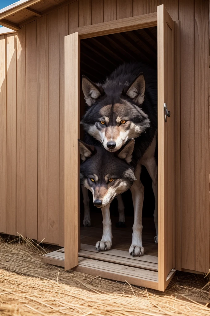 Evil wolf trying to break into a straw house