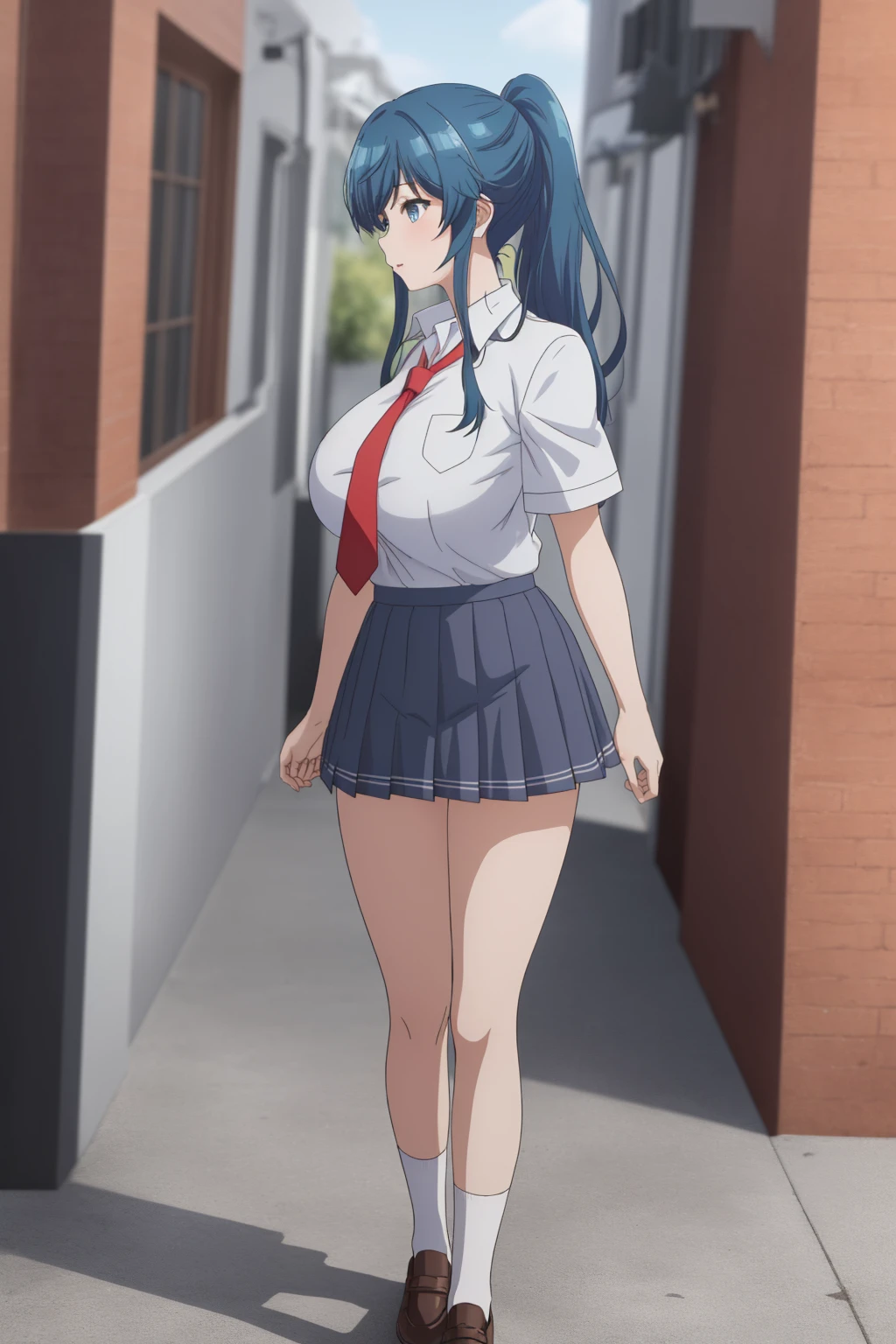 girl, solo, beautiful body, perfect body, nice body, (huge Breasts),

nanami minami, blue hair, blue eyes, long hair, ponytail (school uniform:1.5), (pleated skirt:1.5), (miniskirt:1.5), short sleeve, tight, necktie, student shoes, white sock, walking, 


official art, extremely detailed CG unity 8k wallpaper, perfect lighting, Colorful, (best_quality:1.0), ultra high res,4K, ultra-detailed, 8K, HDR, high resolution,  absurdres:1.2, film grain, (vibrant_color:1.2), (narrow waist),