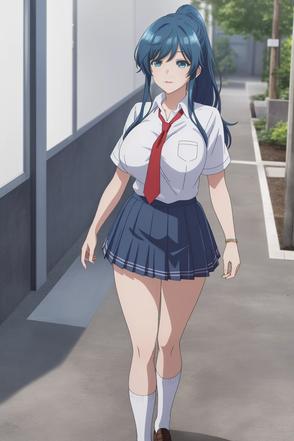 girl, solo, beautiful body, perfect body, nice body, (huge Breasts),

nanami minami, blue hair, blue eyes, long hair, ponytail (school uniform:1.5), (pleated skirt:1.5), (miniskirt:1.5), short sleeve, tight, necktie, student shoes, white sock, walking, 


official art, extremely detailed CG unity 8k wallpaper, perfect lighting, Colorful, (best_quality:1.0), ultra high res,4K, ultra-detailed, 8K, HDR, high resolution,  absurdres:1.2, film grain, (vibrant_color:1.2), (narrow waist),