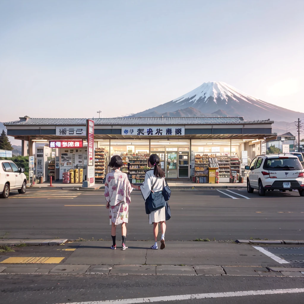 two women standing in a parking lot with a mountain in the background, convenience store, mount fuji in the background, japan travel aesthetic, gas station, “gas station photography, japan rural travel, mount fuji on the background, set in tokyo bank parking lot, japanese town, mt. fuji, taken in the early 2020s, mount fuji, japanese rural town