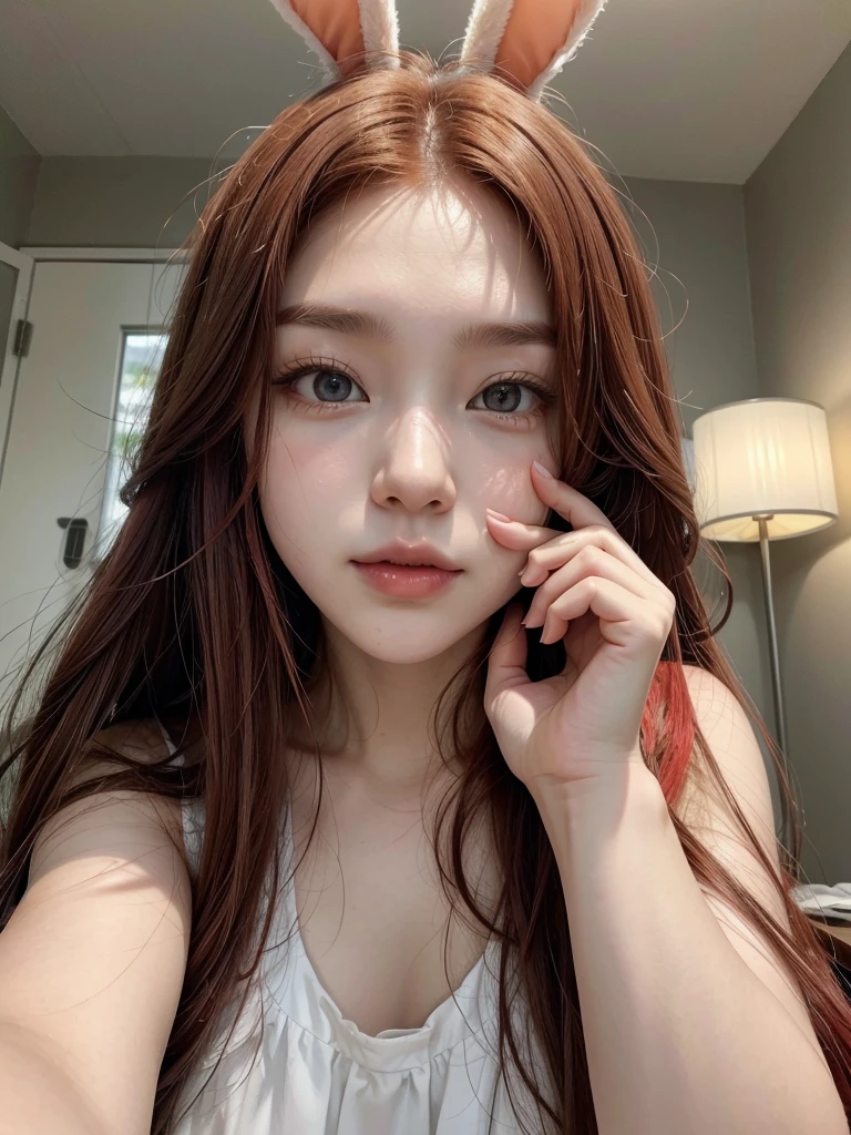 korean with long red hair, Caucasian skin, white dress with bunny ears, Selfie