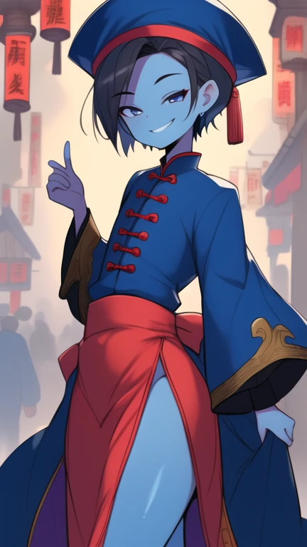 Best quality, Super detailed illustration, Warm colors, perfect lighting, (boy:1.6), (the blue skin:1,6) , short tousled thick hair ,Jiangshi clothing, long sleeves, long skirt with leg cutout on the sides, open legs, Tight-fitting clothing, Guanli hat ,smug smile, Happy , a femboy, small waist, wide hips, slim, Perfect body, full length, black and lilac color of clothes