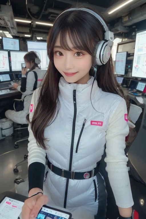 masterpiece, Highest quality, Very detailed, 8K Portrait,Japanese Android Girl,plump , Control panel,Robotic arms and legs, Blunt bangs,,break (Metallic Gray, Metallic luster, Mirror finish, Astro Best):5,headphone:5,break (Black sleeves):100,Smart Watches,Futuristic space station,Control Room,break headphone,blue eyes,(Black Hair):2,(Long Hair):1.3,Displaying the viewer,(respirator),break blush:3,Hidden Hand,smile