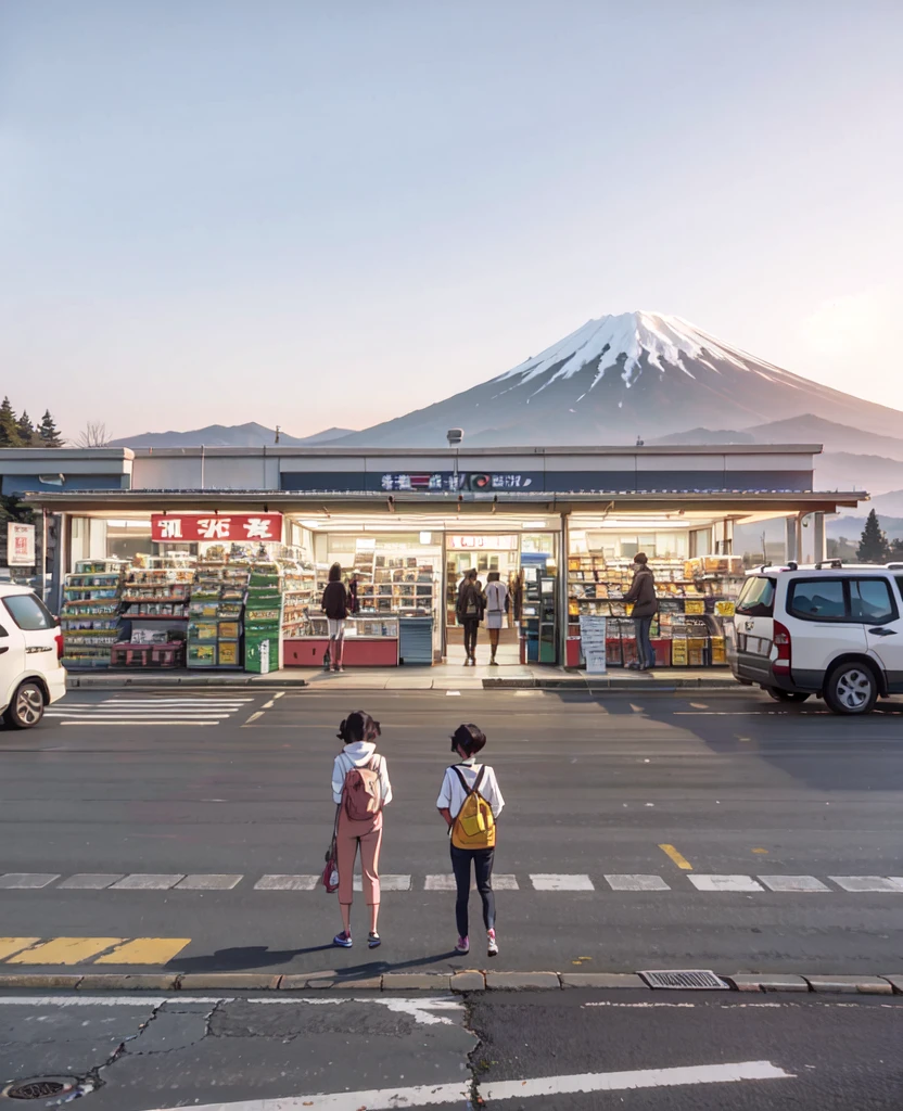 two women standing in a parking lot with a mountain in the background, convenience store, mount fuji in the background, japan travel aesthetic, gas station, “gas station photography, japan rural travel, mount fuji on the background, set in tokyo bank parking lot, japanese town, mt. fuji, taken in the early 2020s, mount fuji, japanese rural town