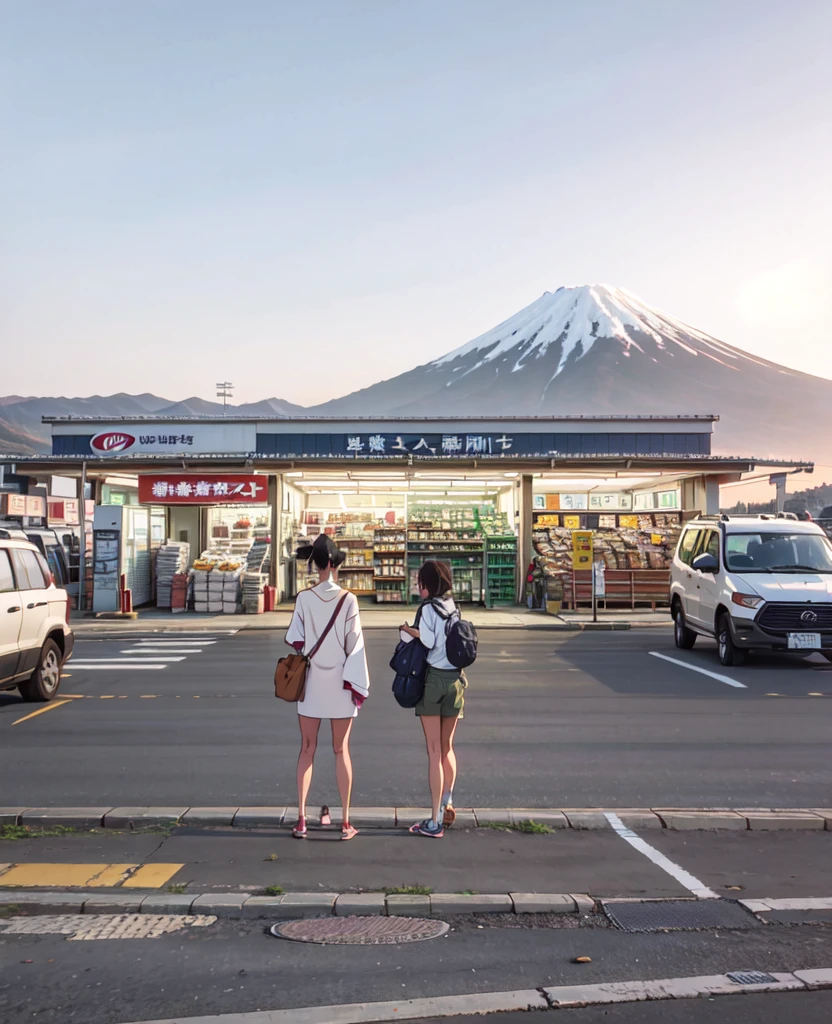 two women standing in a parking lot with a mountain in the background, convenience store, mount fuji in the background, japan travel aesthetic, gas station, “gas station photography, japan rural travel, mount fuji on the background, set in tokyo bank parking lot, japanese town, mt. fuji, taken in the early 2020s, mount fuji, japanese rural town