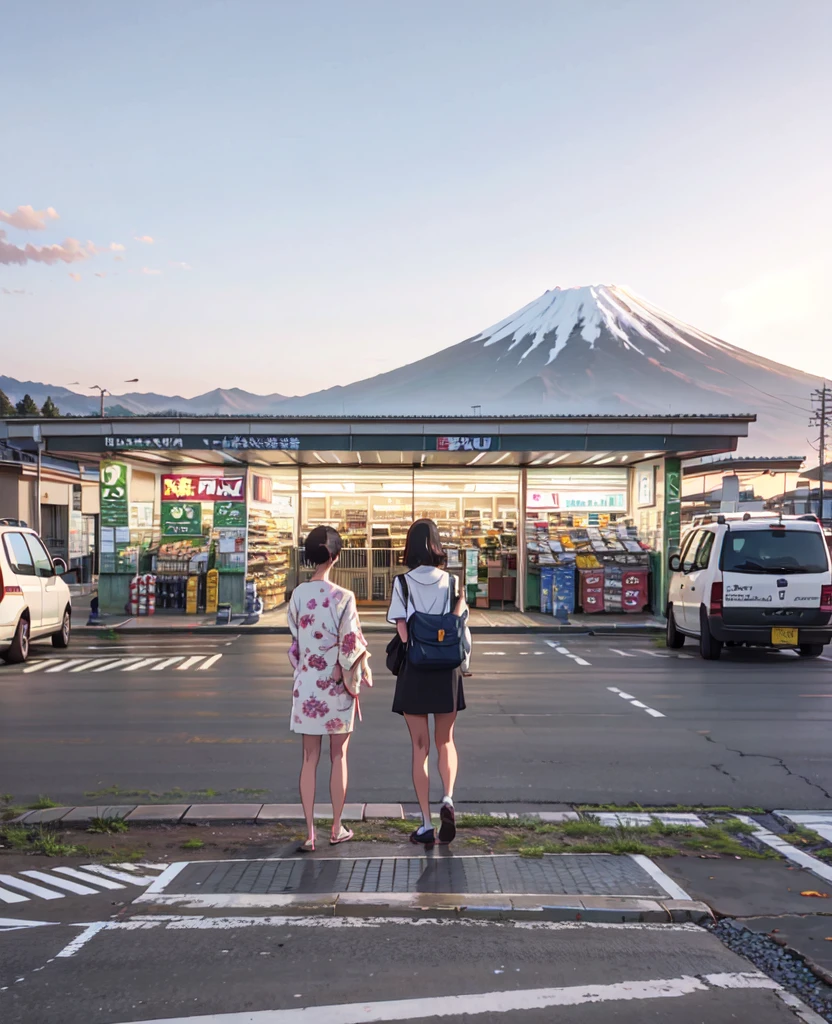 two women standing in a parking lot with a mountain in the background, convenience store, mount fuji in the background, japan travel aesthetic, gas station, “gas station photography, japan rural travel, mount fuji on the background, set in tokyo bank parking lot, japanese town, mt. fuji, taken in the early 2020s, mount fuji, japanese rural town