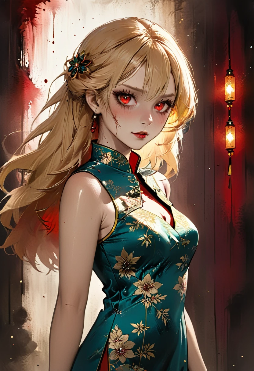 a beautiful female vampire wearing a ((blood stained: 1.5) white Cheongsam: 1.5), an extremely beautiful female vampire, ultra detailed face, blond hair, long hair, wavy hair, dark glamour make up, pale skin, red lips, (glowing red eyes: 1.2), visible (vampiric fangs: 1.2), she wears a ((blood stained white Cheongsam: 1.5)), elegant, intricate detailed Cheongsam, silk Cheongsam, small cleavage, ((Cheongsam is decorated with gems: 1.3)), she wears elegant knee high heeled boots, exquisite knee high heeled boots, there are stains of blood on the upper part of the dress, dynamic background, best details, best quality, highres, ultra wide angle, 16k, [ultra detailed], masterpiece, best quality, (extremely detailed), full body, ultra wide shot, photorealistic, fantasy art, dnd art, rpg art, realistic art, dark novel, Dark Art Painting Style