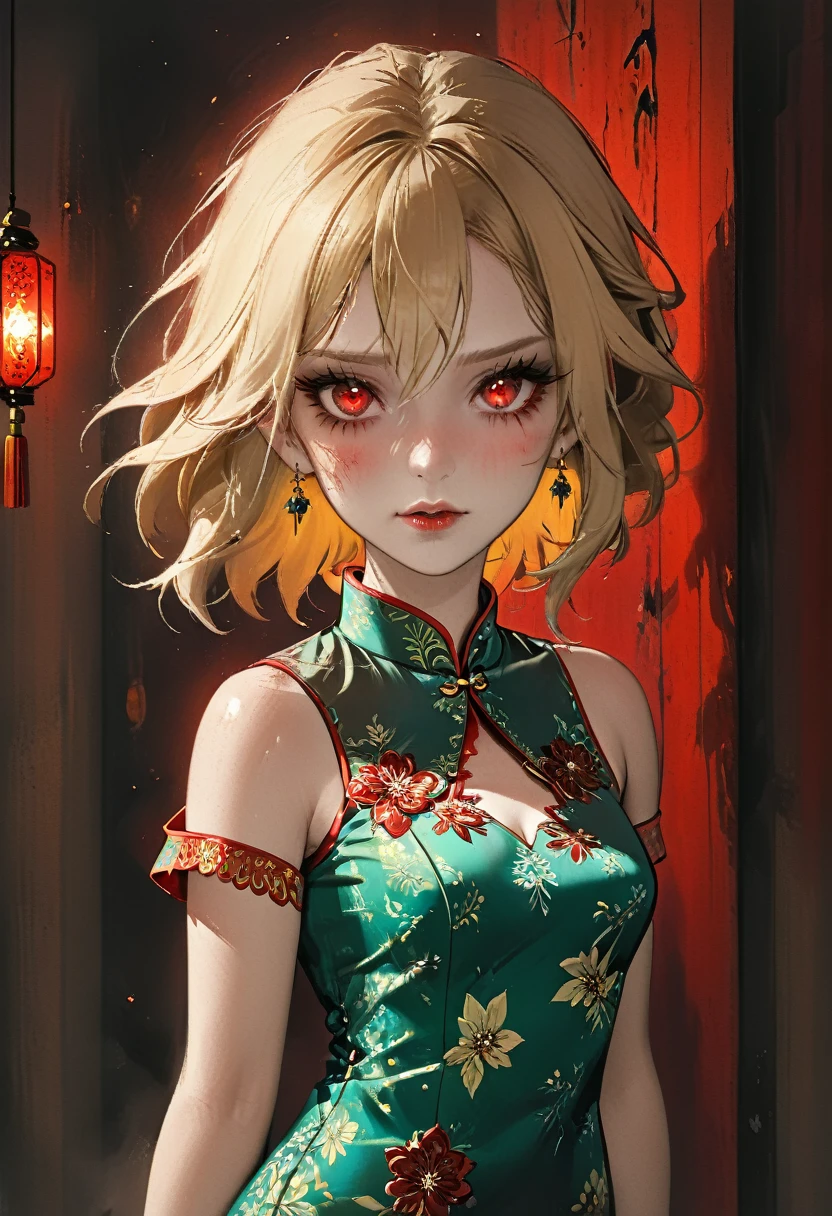 a beautiful female vampire wearing a ((blood stained: 1.5) white Cheongsam: 1.5), an extremely beautiful female vampire, ultra detailed face, blond hair, long hair, wavy hair, dark glamour make up, pale skin, red lips, (glowing red eyes: 1.2), visible (vampiric fangs: 1.2), she wears a ((blood stained white Cheongsam: 1.5)), elegant, intricate detailed Cheongsam, silk Cheongsam, small cleavage, ((Cheongsam is decorated with gems: 1.3)), she wears elegant knee high heeled boots, exquisite knee high heeled boots, there are stains of blood on the upper part of the dress, dynamic background, best details, best quality, highres, ultra wide angle, 16k, [ultra detailed], masterpiece, best quality, (extremely detailed), full body, ultra wide shot, photorealistic, fantasy art, dnd art, rpg art, realistic art, dark novel, Dark Art Painting Style