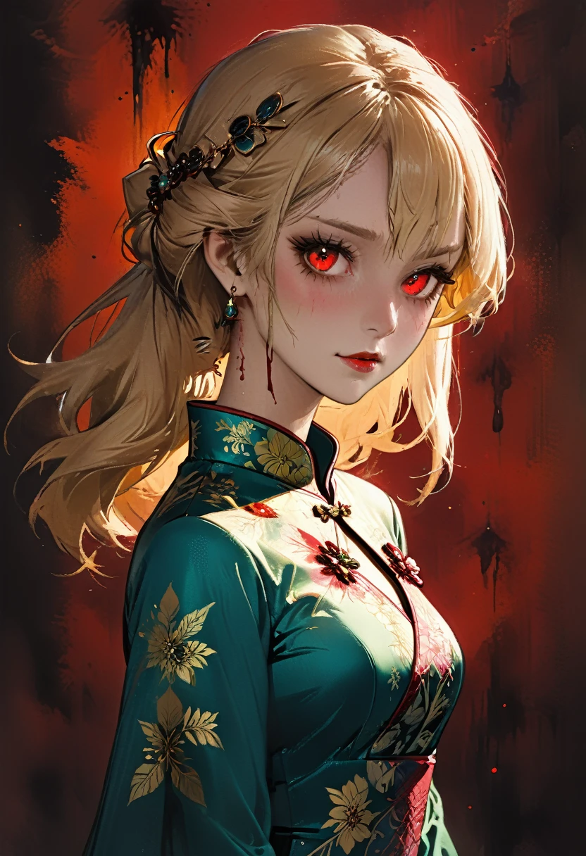 a beautiful female vampire wearing a ((blood stained: 1.5) white Cheongsam: 1.5), an extremely beautiful female vampire, ultra detailed face, blond hair, long hair, wavy hair, dark glamour make up, pale skin, red lips, (glowing red eyes: 1.2), visible (vampiric fangs: 1.2), she wears a ((blood stained white Cheongsam: 1.5)), elegant, intricate detailed Cheongsam, silk Cheongsam, small cleavage, ((Cheongsam is decorated with gems: 1.3)), she wears elegant knee high heeled boots, exquisite knee high heeled boots, there are stains of blood on the upper part of the dress, dynamic background, best details, best quality, highres, ultra wide angle, 16k, [ultra detailed], masterpiece, best quality, (extremely detailed), full body, ultra wide shot, photorealistic, fantasy art, dnd art, rpg art, realistic art, dark novel, Dark Art Painting Style