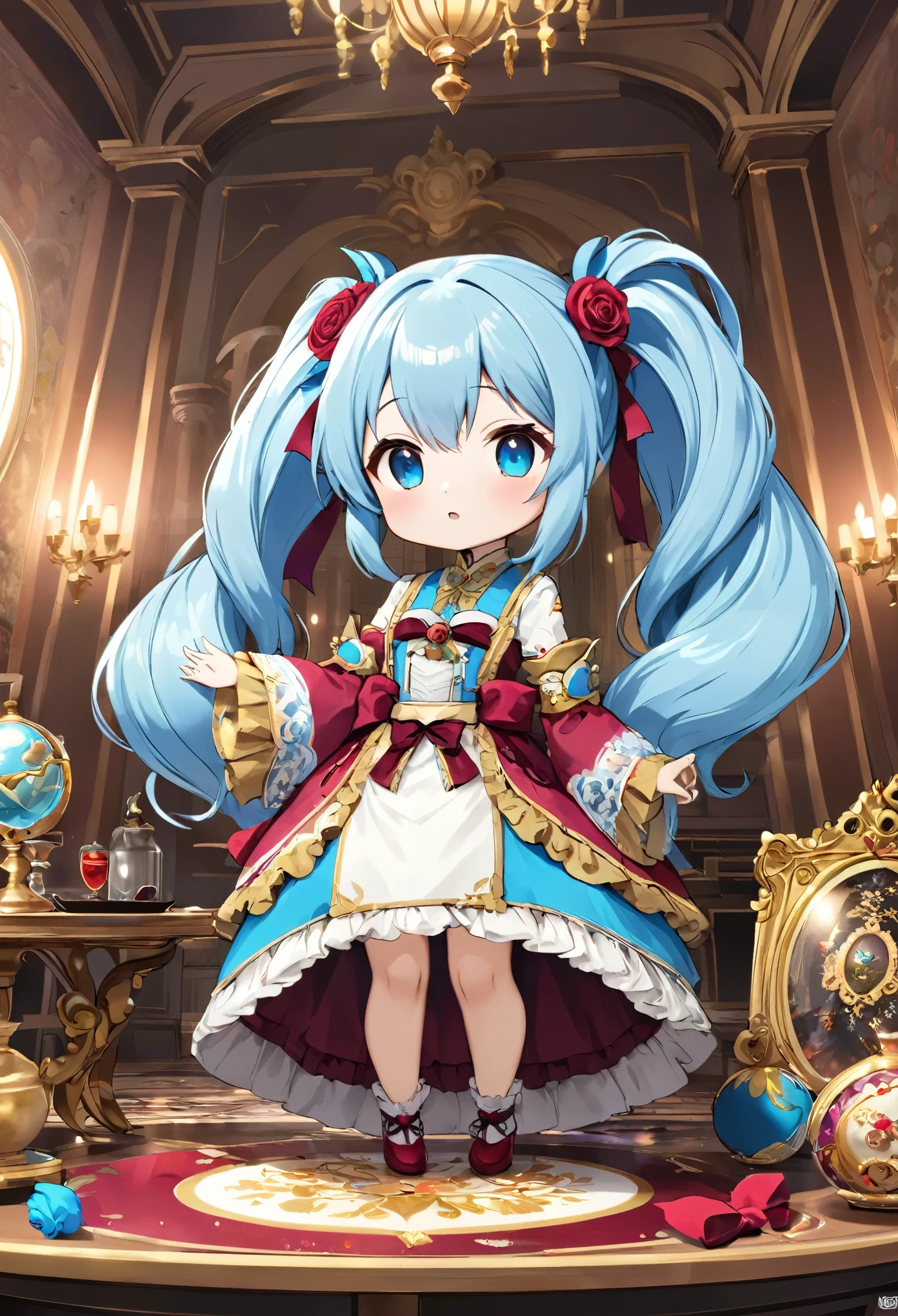 (roseのアート, roseのテーマ:1.4), big squirrel, dreamy fantasy art, Chibi character girl、Light blue long hair、Twin tails 、Rococo art style, burgundy color, rose、where, (Optimal Configuration), Ultra Wide Angle, Octane Rendering, Strengthen, Complex, (Highest quality, Tabletop, masterpiece, Official Art, Professional, unity 8k wallpaper:1.3)