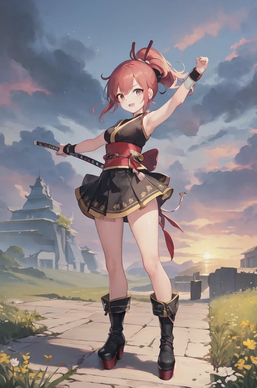 (master piece:1.3, best quality:1.3, ultra detailed:1.3), CG, 8k, illustration, curious face, kawaii, 1girl, solo, shiny hair, shiny skin, cherry red hair, high ponytail, BREAK, charcoal gray eyes, BREAK, (Standing Upright), natural hand poses, (face and body straight at the camera:1.3), (full body:1.3), 1.5m talls, short height, (medium breasts:0.8), (small ass:0.8), (athletic:0.8), (petite), BREAK, (black samurai clothes:1.3, sleeveless, skirt, wristband, platform ankle boots), BREAK, a sheathed katana on waist, (fantasy world:1.4), outdoors, east asian field