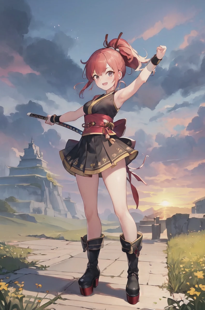 (master piece:1.3, best quality:1.3, ultra detailed:1.3), CG, 8k, illustration, curious face, kawaii, 1girl, solo, shiny hair, shiny skin, cherry red hair, high ponytail, BREAK, charcoal gray eyes, BREAK, (Standing Upright), natural hand poses, (face and body straight at the camera:1.3), (full body:1.3), 1.5m talls, short height, (medium breasts:0.8), (small ass:0.8), (athletic:0.8), (petite), BREAK, (black samurai clothes:1.3, sleeveless, skirt, wristband, platform ankle boots), BREAK, a sheathed katana on waist, (fantasy world:1.4), outdoors, east asian field