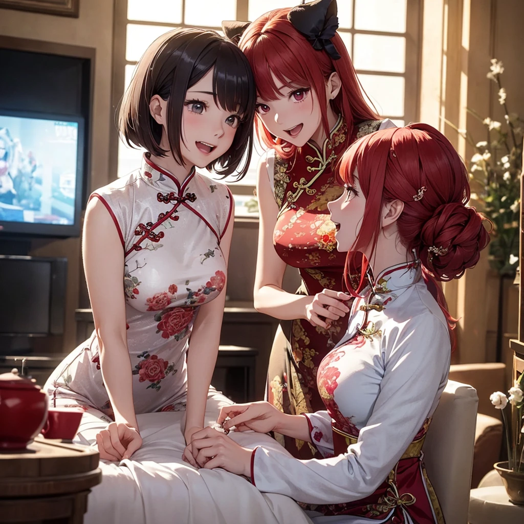 Two beautiful young women, Anime Style, Detailed face, Redhead, Red eyes, Delicate features, Soft lighting, Wearing traditional Chinese costume (China dress), Playful expressions, laugh and enjoy, cozy、Nicely decorated room, One pushes the other playfully and gently, Bright and attractive indoor lighting, Dynamic pose, Japanese Anime Style, high quality, Very detailed, 8K resolution, Cinema Lighting, 最high quality, Vibrant colors, Instagrammable, beautiful, trend