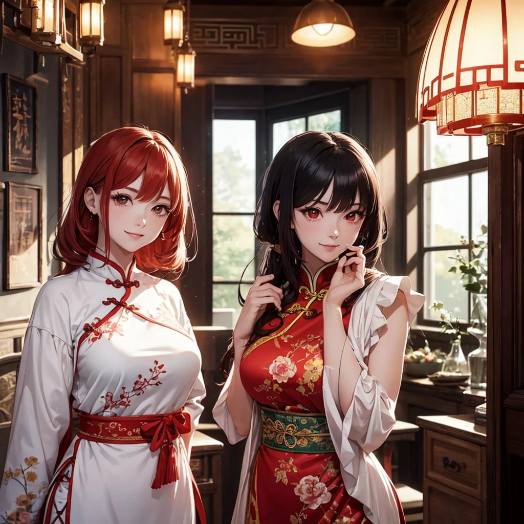 Two beautiful young women, Anime Style, Detailed face, Redhead, Red eyes, Delicate features, Soft lighting, Wearing traditional Chinese costume (China dress), Playful expressions, laugh and enjoy, cozy、Nicely decorated room, One pushes the other playfully and gently, Bright and attractive indoor lighting, Dynamic pose, Japanese Anime Style, high quality, Very detailed, 8K resolution, Cinema Lighting, 最high quality, Vibrant colors, Instagrammable, beautiful, trend