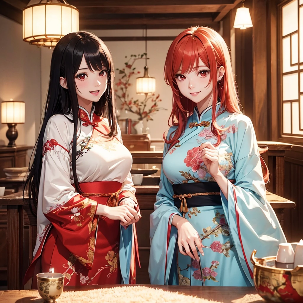 Two beautiful young women, Anime Style, Detailed face, Redhead, Red eyes, Delicate features, Soft lighting, Wearing traditional Chinese costume (China dress), Playful expressions, laugh and enjoy, cozy、Nicely decorated room, One pushes the other playfully and gently, Bright and attractive indoor lighting, Dynamic pose, Japanese Anime Style, high quality, Very detailed, 8K resolution, Cinema Lighting, 最high quality, Vibrant colors, Instagrammable, beautiful, trend