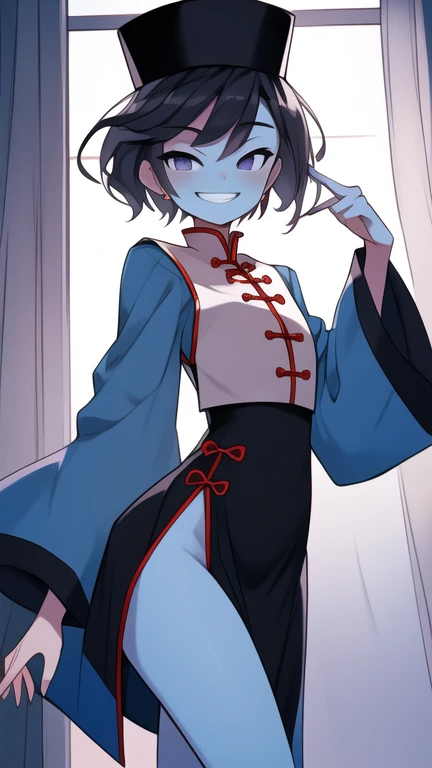 Best quality, Super detailed illustration, Warm colors, perfect lighting, (boy:1.6), (the blue skin:1,6) , short tousled thick hair ,Jiangshi clothing, long sleeves, long skirt with leg cutout on the sides, open legs, Tight-fitting clothing, Guanli hat ,smug smile, Happy , a femboy, small waist, wide hips, slim, Perfect body, full length, black and lilac color of clothes big butt, nude ass,