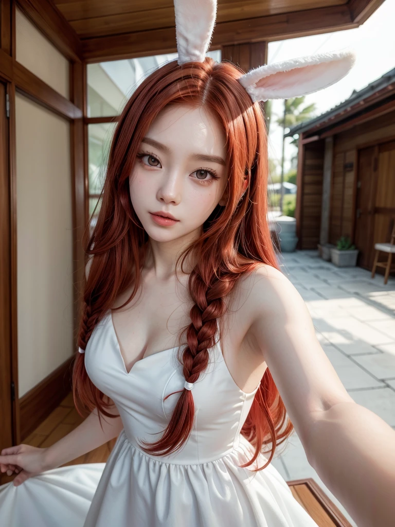  korean with long red hair, Caucasian skin, white dress with bunny ears, Selfie 