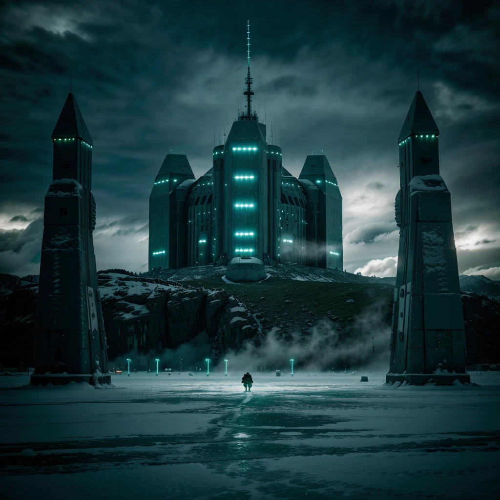 Scene of a futuristic war on a ice planet lot of details,cloudy day, dark lights cinematic lights best quality,4k,8k,highres, t Dark and green landscapeatmosphere that conveys sadness, 8k, ultra realistic, dramatic lighting.