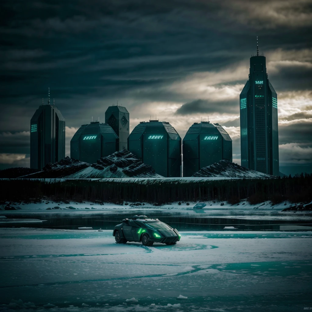 Scene of a futuristic war on a ice planet lot of details,cloudy day, dark  lights cinematic lights best quality,4k,8k,highres, t Dark and green landscapeatmosphere that conveys sadness, 8k, ultra realistic, dramatic lighting.