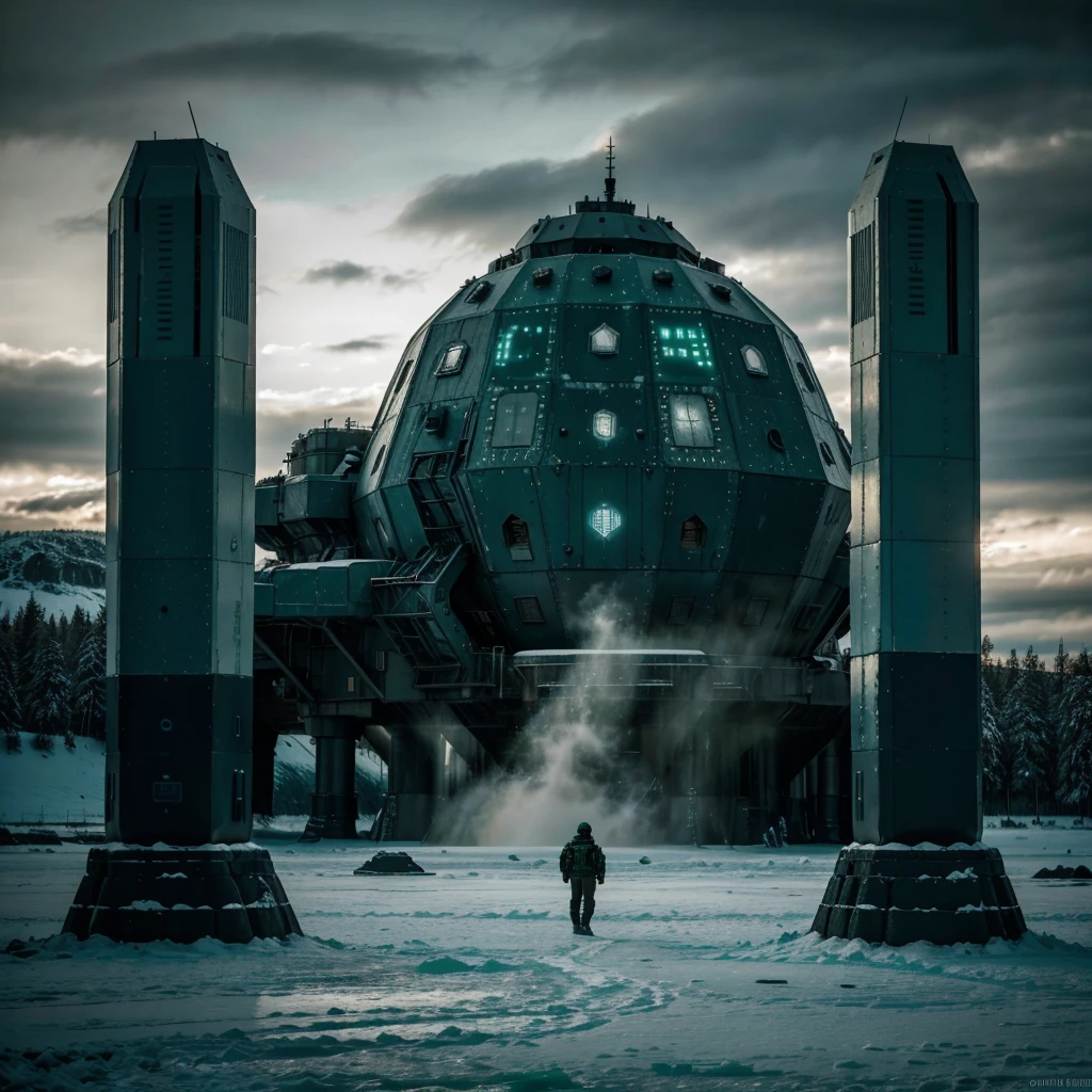Scene of a futuristic war on a ice planet lot of details,cloudy day, dark lights cinematic lights best quality,4k,8k,highres, t Dark and green landscapeatmosphere that conveys sadness, 8k, ultra realistic, dramatic lighting.