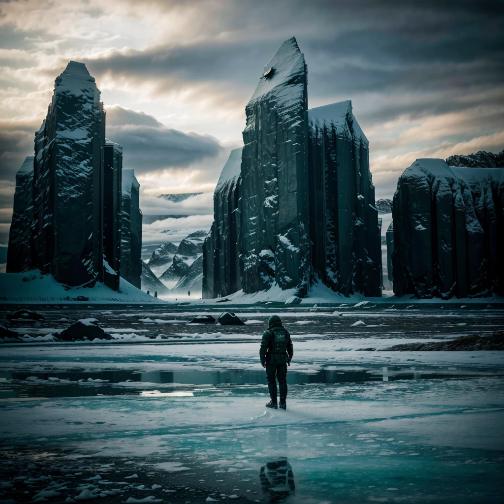 Scene of a futuristic war on a ice planet lot of details,cloudy day, dark lights cinematic lights best quality,4k,8k,highres, t Dark and green landscapeatmosphere that conveys sadness, 8k, ultra realistic, dramatic lighting.