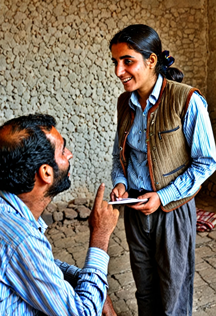 Kurdish girl talking with a man in village room