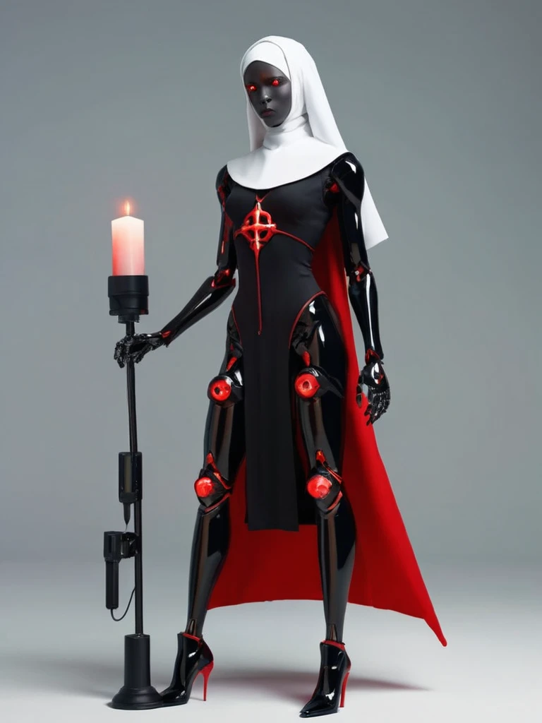 ral-opal, meahophontron, full body, woman robot face, devil nun, negro, looking at camera, body nun clothes, red eyes,