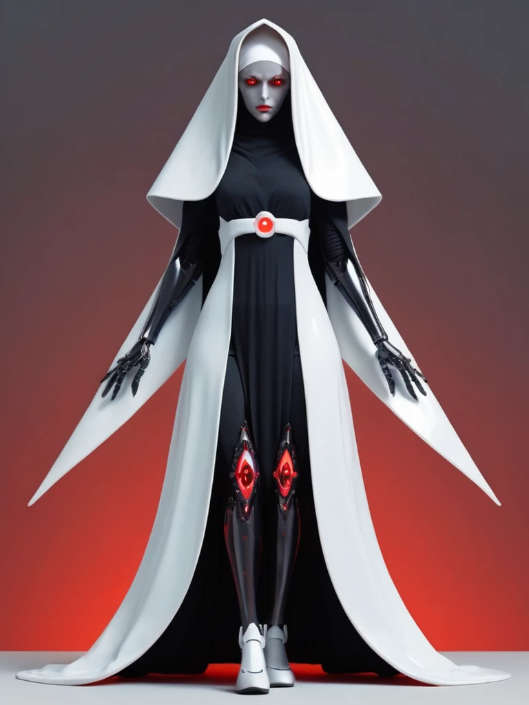 ral-opal, meahophontron, full body, woman robot face, devil nun, negro, looking at camera, body nun clothes, red eyes, primer plano looking at camera, realist, beautifull woman, background image hell.