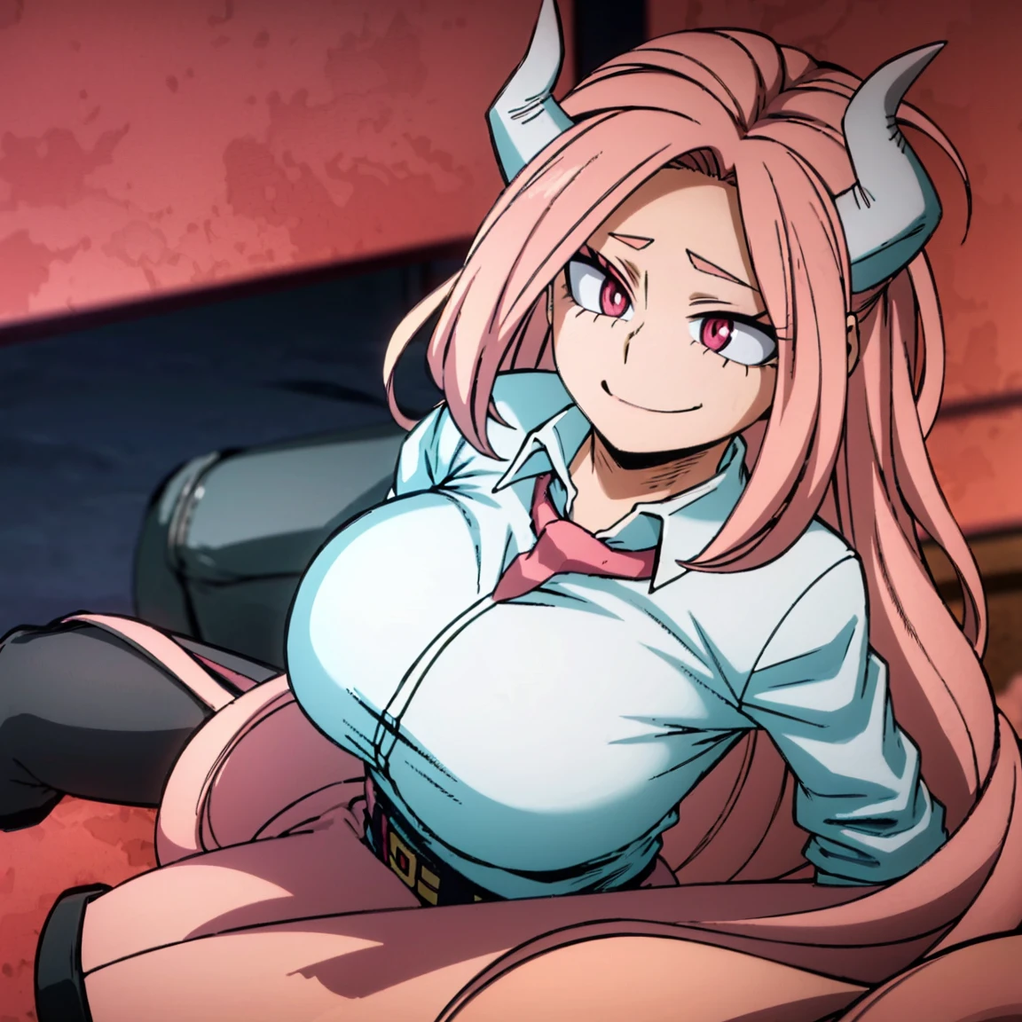 1girl, a demon, sarvente, female focus, boku no hero academia, masterpiece, best quality, very aesthetic, big breasts, long wavy hair, light pink hair, hot pink eyes, smile, black horns, beautiful, sunset