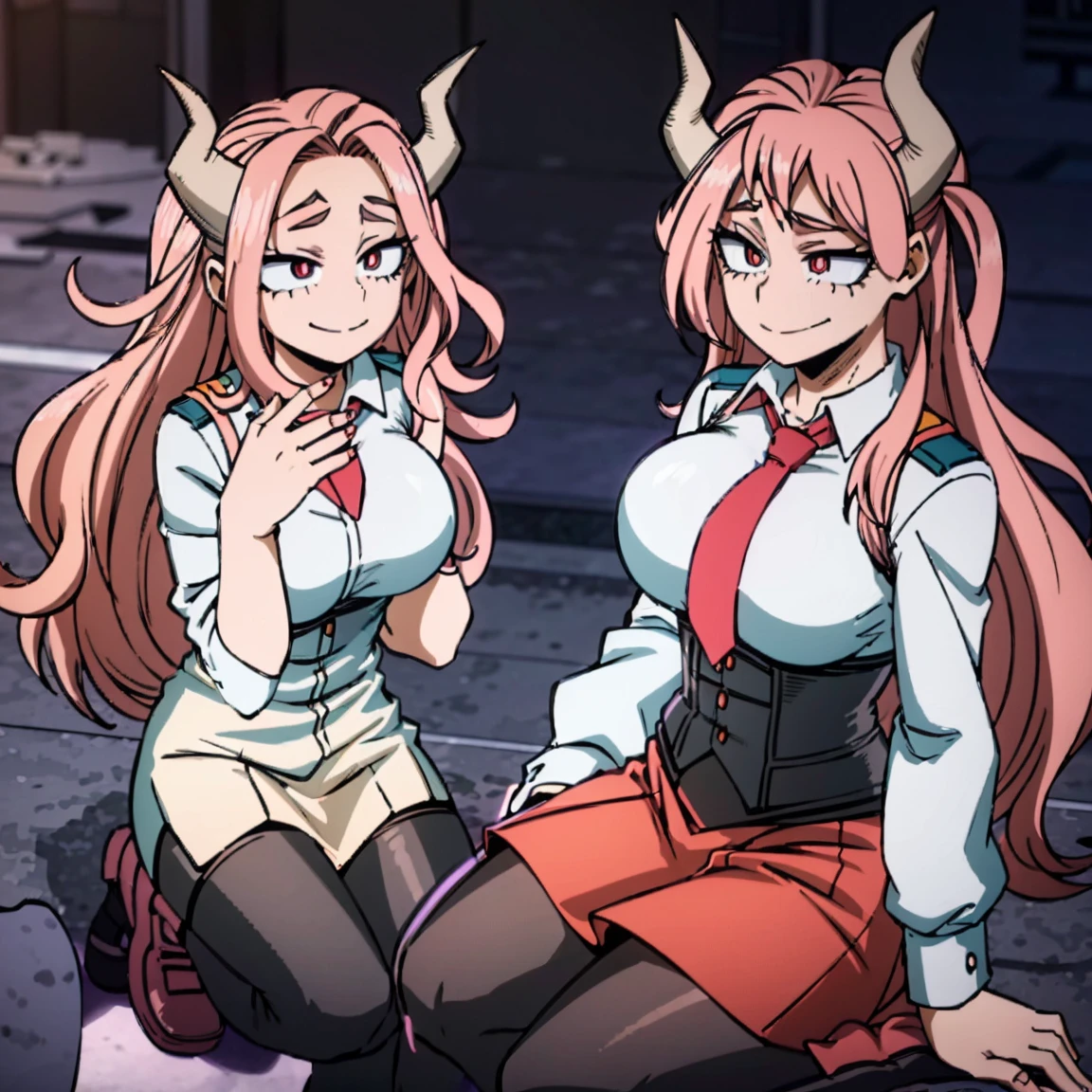 1girl, a demon, sarvente, female focus, boku no hero academia, masterpiece, best quality, very aesthetic, big breasts, long wavy hair, light pink hair, hot pink eyes, smile, black horns, gray jacket, red tie, white shirt, teal skirt, gray tights, boots, beautiful, sunset