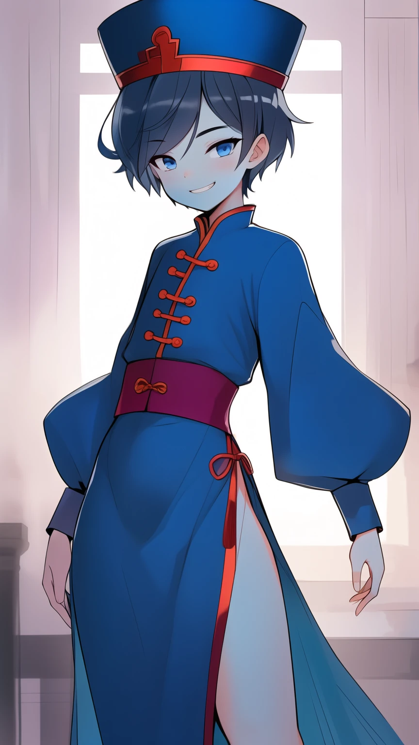 Best quality, Super detailed illustration, Warm colors, perfect lighting, (boy:1.6), (the blue skin:1,6) , short tousled thick hair ,Jiangshi clothing, long sleeves, long skirt with leg cutout on the sides, open legs, Tight-fitting clothing, Guanli hat ,smug smile, Happy , a femboy, small waist, wide hips, slim, Perfect body, full length, black and lilac color of clothes
