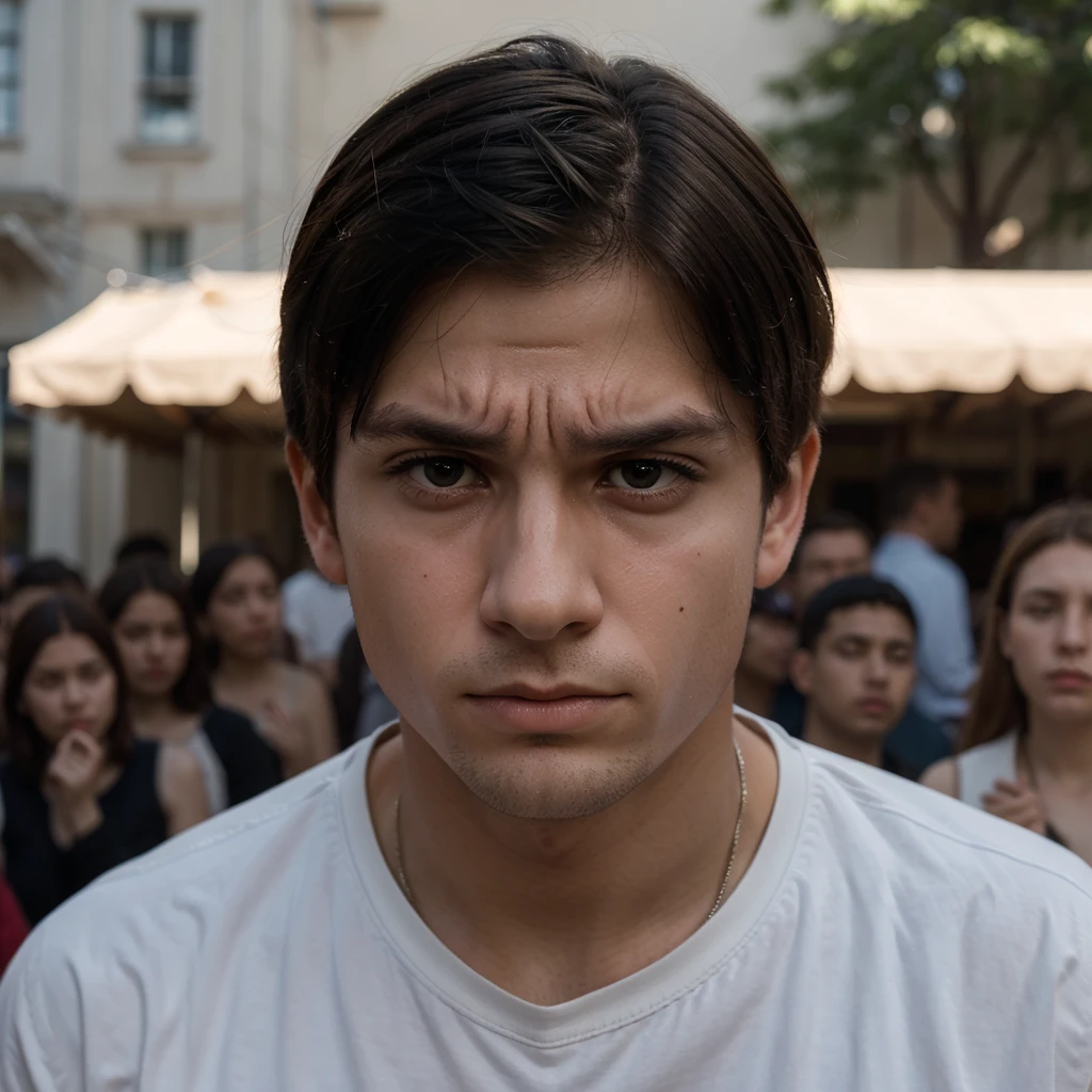 Boy with a look of hate and the background full of people begging for forgiveness